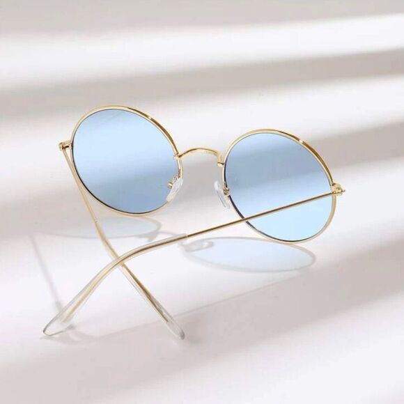 🆕Blue Tinted Round Lens Gold Frame Sunglasses - Picture 3 of 5